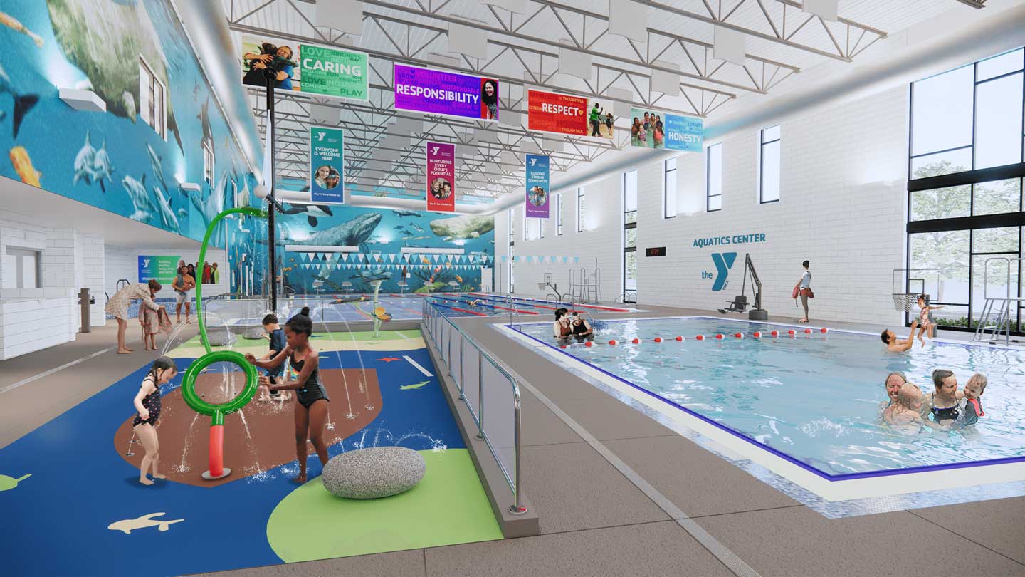 pool and splash pad in the new eugene ymca aquatics center