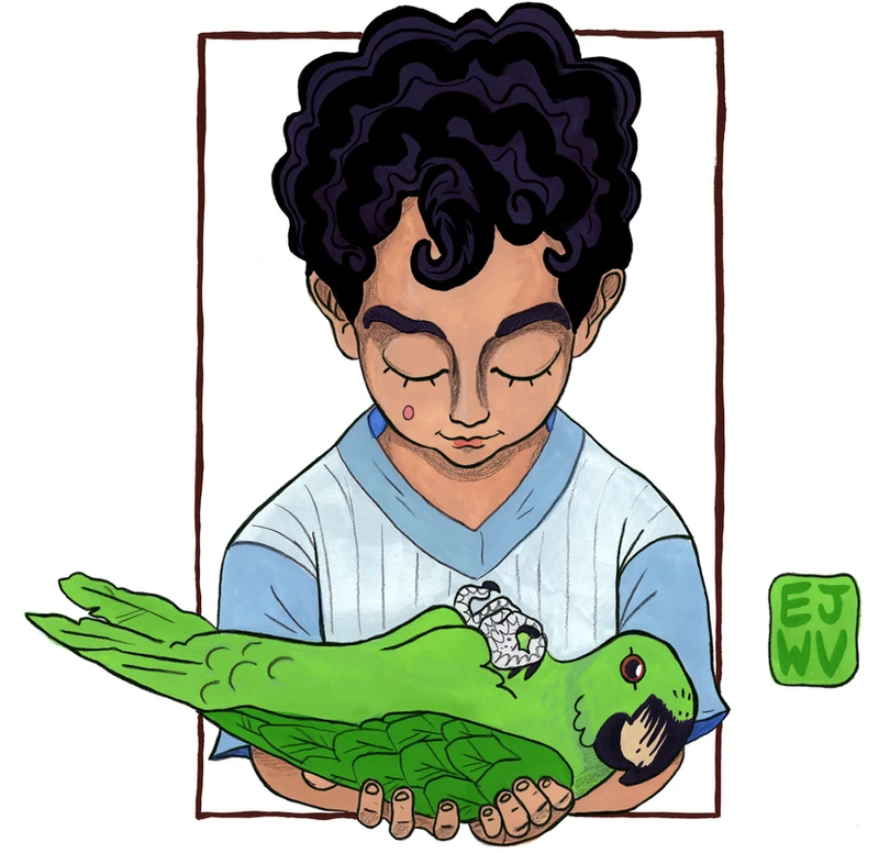erick wonderly self portrait holding a parrot