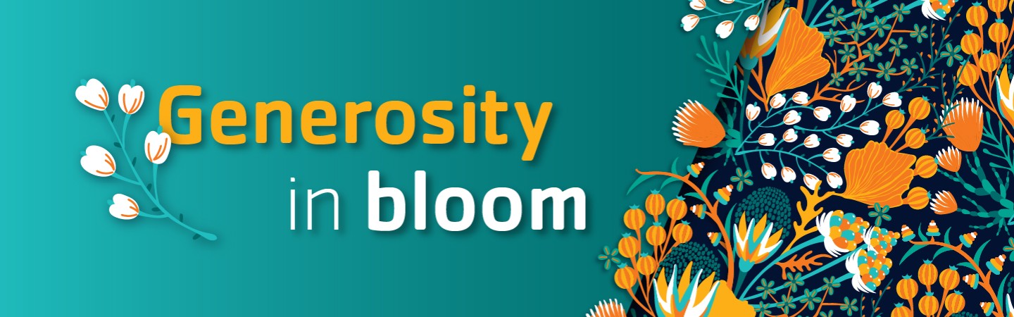 Colorful floral banner reading Generosity in Bloom
